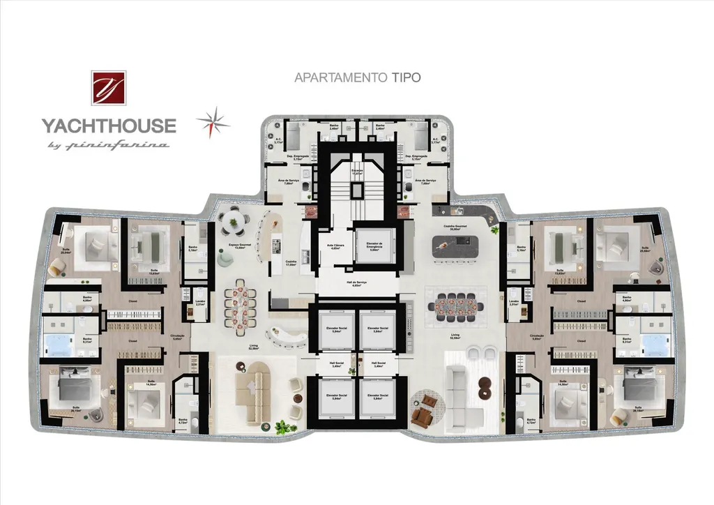 Planta humanizada do apartamento tipo, com as duas unidades do andar